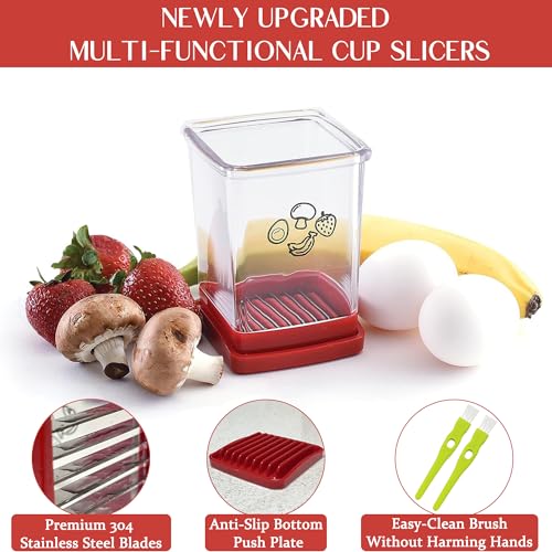 2 Pcs Cup Slicer, Stainless Steel Strawberry & Banana Slicer, Speed Fruit Cutter with Push Plate, Quickly Making Salad, Must Have Kitchen Gadget (Cyan+Red)