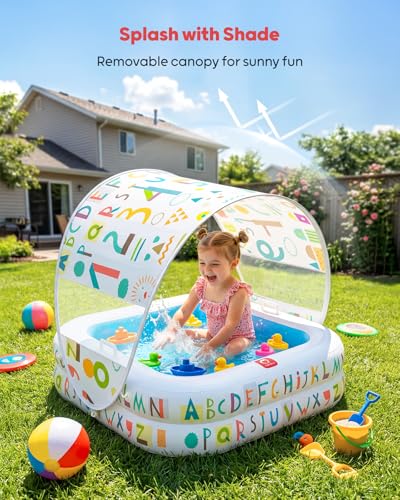 QPAU Baby Pool with Detachable Canopy for Sun Protection, 35" x 10" Portable Inflatable Kids Pool with Padded Bottom, Kiddie Pool & Ball Pit with Handles for Backyard and Indoor, Ages 1-3 (Blue)