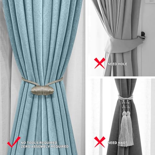 Tifanso Beige Magnetic Curtain Tiebacks - 4pcs Decorative Curtain Tie Backs, No Drill Closure Drapery Tiebacks Holdbacks, Boho Drapes Straps Ropes for Bedroom, Bathroom, Farmhouse Decor
