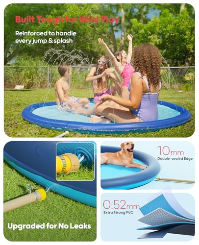QPAU Splash Pad with Flying Disc for Dogs & Kids – 67" Extra-Thick 0.52mm Non-Slip Sprinkler Pool, Leakproof Water Play Mat for Toddlers, Babies, Pets, Outdoor Summer Toy