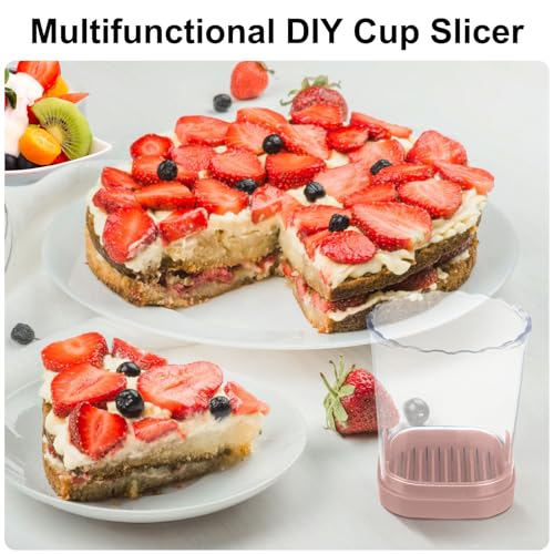 Strawberry Slicer：Fruit Slicer Cup Veggie Salad Speed Cutter for Strawberries Egg Banana Mushroom Cucumber Kiwi the Kitchen Portable Slicing Tool (Pink)