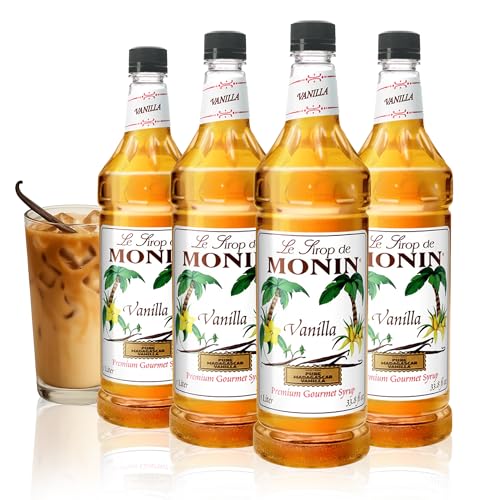 Monin - Vanilla Syrup | Pure & Rare Madagascar Vanilla, Premium Syrup for Coffee, Lattes & More | Clean Label, No Artificial Flavors, No Artificial Preservatives (BPA Free Bottle, 33.8 fl oz, 4-pack)