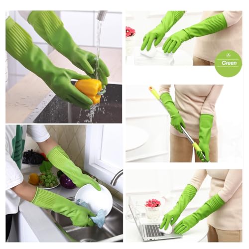 Bamllum 3 Pairs of Rubber Dishwashing Gloves for Kitchen and Household Cleaning – Long Cuff 15", Reusable, Flexible Long-lasting and Non-Slip (Red+Yellow+Green, Large)