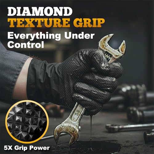 TitanFlex Heavy Duty Black Industrial Nitrile Gloves with Raised Diamond Texture, Latex Free (6mil/8mil)