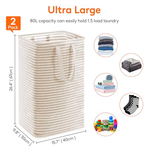 Lifewit 2 Pack Laundry Basket 80L Each, Collapsible Clothes Hamper with Reinforced Handles, Freestanding Waterproof Design for Bedroom and Laundry Room, Beige 160L Total
