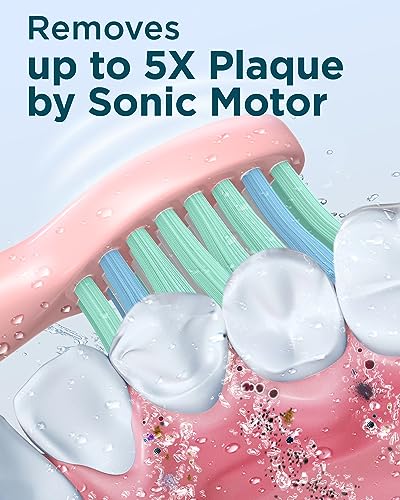 Rtauys M5 Sonic Electric Toothbrush for Adults and Kids - Rechargeable Electric Toothbrush Kids Ages 12+ and Adults with 8 Brush Heads & Travel Case, 120 Days Battery Life - Pink