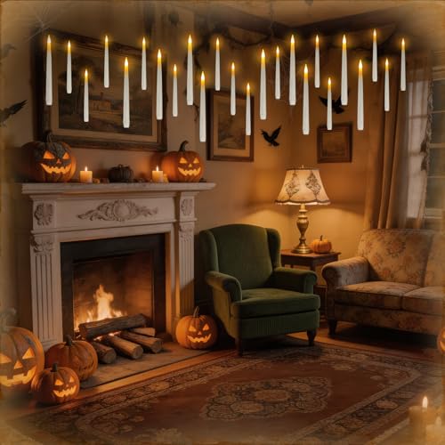 Homemory 20PCS Floating Candles with Wand Remote, Flameless Hanging Taper Candle with Flickering Warm Light, Battery Operated Magic Deco Candles for