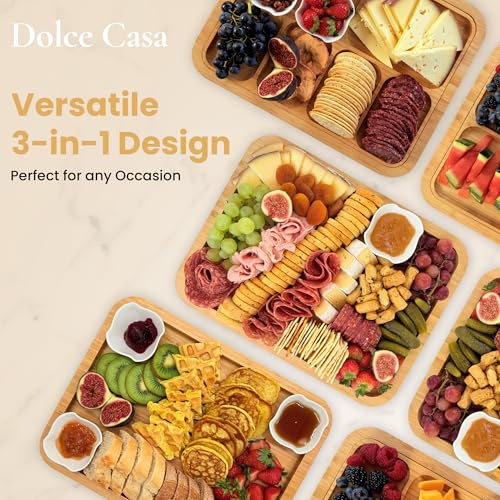Charcuterie Board with Lid & Handle, 3-in-1, Portable Bamboo Serving Tray with Lid & Removable Snack Tray for Cheese, Fruit, Food, Cheese Platter for Picnic, Travel, Ready-to-Gift