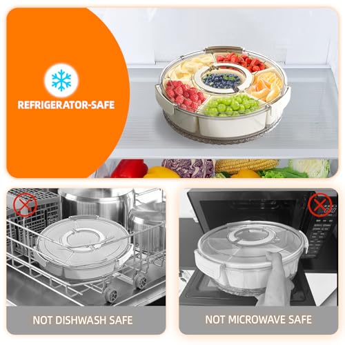 Divided Serving Tray with Lid and Handle, Stackable Snackle Box Container for Fruits Candy Organizer, Portable Spinning Rounded Veggie Tray for Kitchen, Party, Trave and Picnic-1 PACK