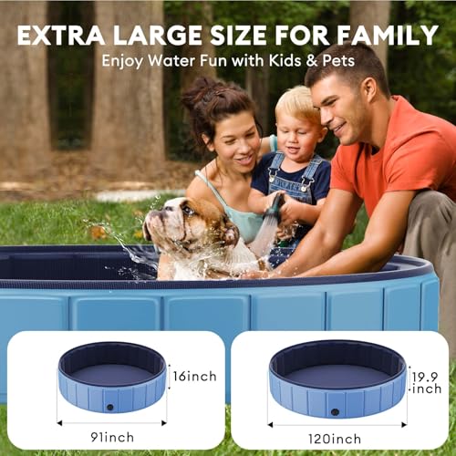 Foldable Dog Pool for Large Dogs, 91” Collapsible Hard-Side Dog Swimming Pool, Leakproof PVC Portable Pet Bath Tub & Kiddie Pool, Non-Slip Bottom, Indoor & Outdoor, Blue