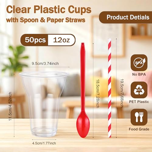 tchrules 50 PCS 12oz Plastic Parfait Cups with Spoons & Paper Straws, Disposable Root Beer Float Cups for Party, Clear Crystal Dessert Cup for Milkshake Ice Cream Sundae Cold Drinks Christmas Supplies