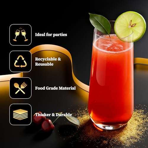 Guanqiao 12 Pack Stemless Plastic Champagne Flutes, 9 oz Clear Disposable Plastic Glasses, Heavy Duty Shatterproof Recyclable Mimosa Glasses for Party Wine Tasting Wedding New Years Eve Party Supplies