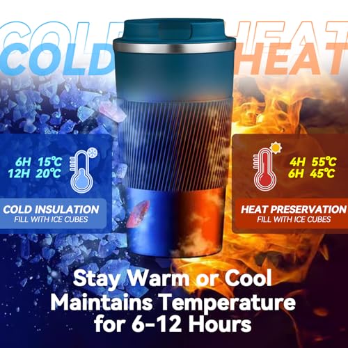 12OZ Travel Coffee Mug Insulated Coffee Cup with Spill Leak Proof Lid, Portable Stainless Steel Tumbler Reusable Hot and Cold Water Mug for Car, Daily, Camping- Blue