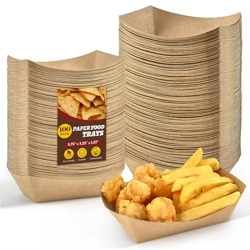 Ocmoiy 1lb Paper Food Trays, 100 Pack Heavy Duty Kraft Food Boats Holders Disposable Serving Basket Trays for Nachos, Fries, BBQ, Festivals, Party