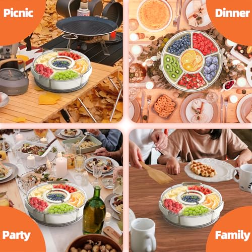 Divided Serving Tray with Lid and Handle, Stackable Snackle Box Container for Fruits Candy Organizer, Portable Spinning Rounded Veggie Tray for Kitchen, Party, Trave and Picnic-1 PACK
