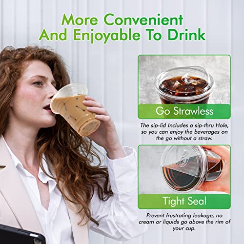 [100 PACK] 12 oz Clear Plastic Cups With Strawless Sip Lids, Disposable Plastic Cups With Sip Through Lids for Ice Coffee, Smoothie, Slurpee, or Any Cold Drinks