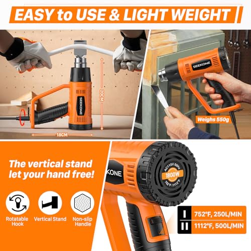 SEEKONE Heat Gun 1800W Heavy Duty Fast Heat Hot Air Gun Kit with 752℉&1112℉（400℃-600℃） Dual-Temperature Settings and 4 Nozzles with Overheat Protection for Crafts, Shrinking PVC, Stripping Paint