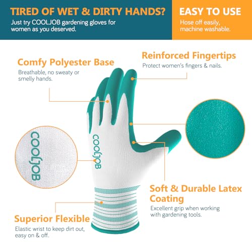 COOLJOB 6 Pairs Gardening Gloves for Women Ladies, Breathable Rubber Coated for Yard Garden, Outdoor Indoor Protective Work with Grip, Medium Size, Red & Green
