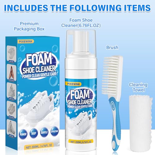 Shoe Cleaner, 6.76 fl oz Shoe Cleaning Kit with Brush and Towel, White Sneaker Cleaner for Removing Stains