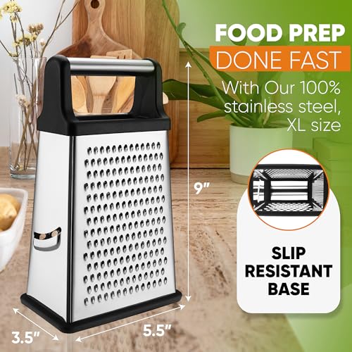 Spring Chef Professional Cheese Grater - Stainless Steel, XL Size, 4 Sides - Perfect Box Grater for Parmesan Cheese, Vegetables, Ginger - Dishwasher Safe - Black