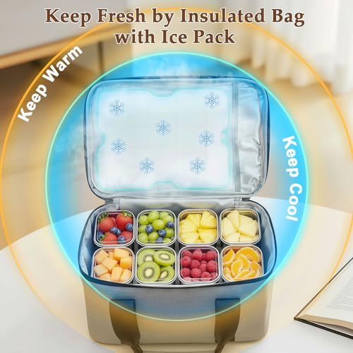 Snackle Box Container with Ice Pack Stainless Steel,Portable Snack Boxes with Lid and Insulated Bag,8 Compartment Snackle Storage Divided Serving Tray Beach Road Trip Picnic for Fruit Charcuterie