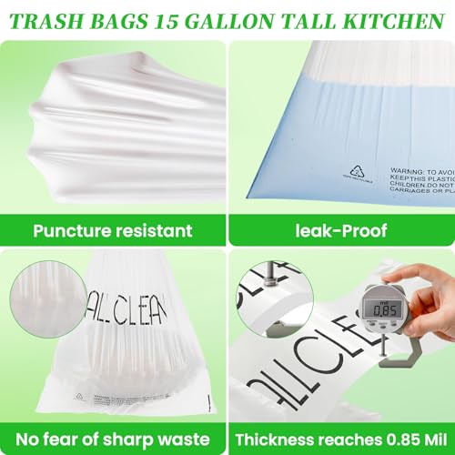 Trash Bags 15 Gallon Tall Kitchen Drawstring Garbage Bags,Fit 13-15 Gal Bins,Extra Strong&Leak-Proof,Unscented&Recyclable Trash Can Liners for Home Office Industrial Bathroom Garden Lawn