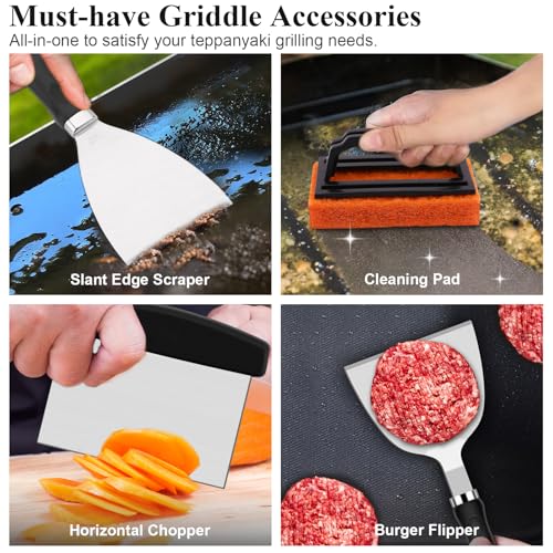 27pcs Griddle Accessories Kit for Blackstone, Professional Hibachi Flat Top Grill Tools, Enlarged Spatula Gift Set with Basting Cover，Burger Press Patty Maker for Outdoor BBQ Teppanyaki