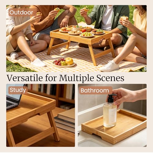 Fibogollo 2 Pack Bamboo Bed Tray Table with Folding Legs,Breakfast Trays,Serving Tray for Food and Snack,Laptop Trays for Working(Natural)