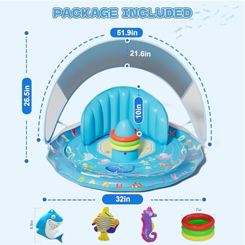 Baby Splash Pad, Inflatable Baby Pool Float with Canopy, Splash Pad with Stackable Rings & Hanging Toys for Toddlers, Baby Pool Sprinkler, Outdoor Water Play Toys for Boys Girls