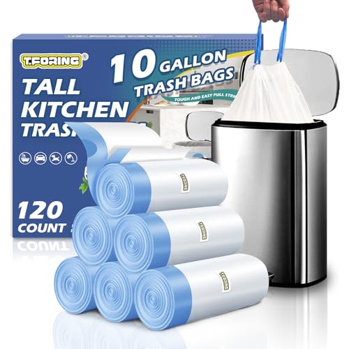 10 Gallon Trash Bags with Drawstring - 120 Count Heavy Duty 1.2 Mil Garbage Bags 38 Liter Unscented White Kitchen Bin Liners for Home & Office