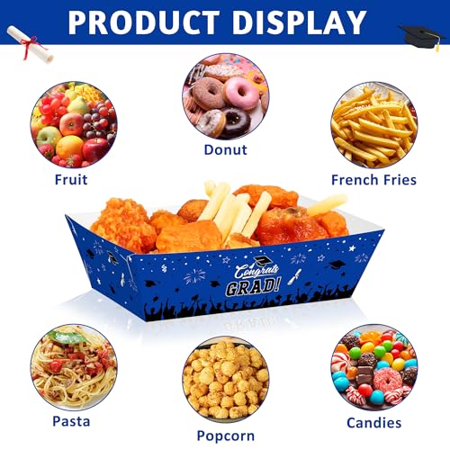 50 Pcs Graduation Decorations 2026, 2 Styles Graduation Food Trays Blue Serving Trays, Congrats Grad Class of 2026 Disposable Paper Plates Easy to Assemble Grad Table Decor Hot Dog for Party Supplies