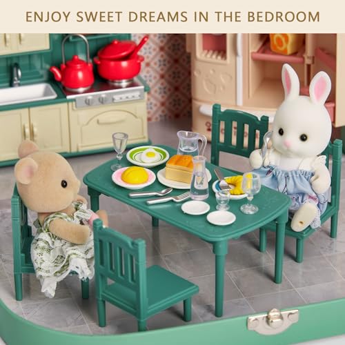 Dollhouse Kitchen Furniture Suitcase Set for Kids, 2 Flexible Dolls/Dining Tble/Kitchenware/Tableware/Refrigerator/Bread, Pretend Play Dollhouse