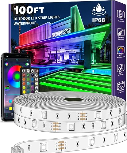 AILBTON 100ft Outdoor LED Strip Lights Waterproof,IP68 Outside Led Light Strips Waterproof with Bluetooth App Remote Control,Music Sync RGB Exterior