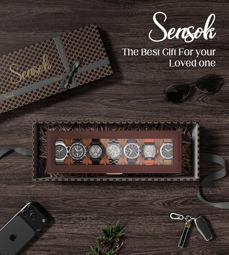 Watch Case Box for Men - 7 SLots Watches Storage Organizer Real-Glass Display Case with Jewelry Drawer 2-Layer PU Leather Collection Holder Gift for Loved Ones Brown