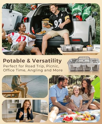 Snackle Box Container with 8 Removable Stainless Steel Compartments Divided Serving Tray with Portable Handle for Beach, Road Trip, Picnic, Boat Days, Ball Games, Pool and Parties