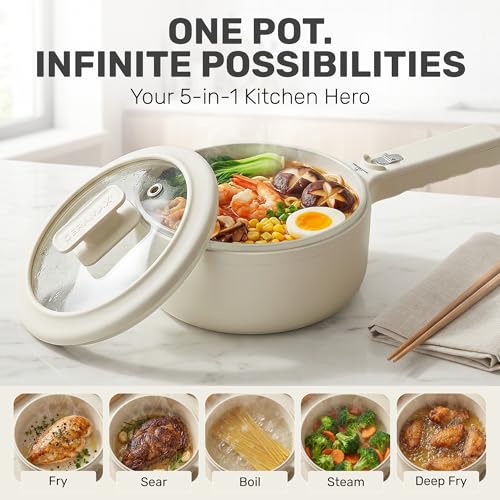 CERAMAX PRO Electric Hot Pot with Lid & Steamer, 1.5L Non Toxic Ceramic Cooker Skillet for Ramen, Eggs, Pasta for Dorms, Camping, RVs, Work, Adjustable Temp. - New Improved 2026 Model