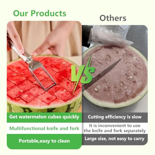 2-in-1 Stainless Steel Fruit Cutter, Watermelon Slicer with Fork, Dual Head Watermelon Fork Slicer Tool for Cubes, Fruit Knife with Round Handle for Home Kitchen, Picnic & Party (1Pack)