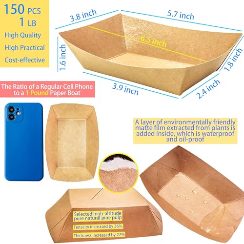 150 Pack 1 lb Food Serving Trays, Small Kraft Paper Oil-Proof Food Disposable Recyclable Take Out Food Serving Boats Baskets Trays for Concession Food and Condiments, Snacks Appetizer
