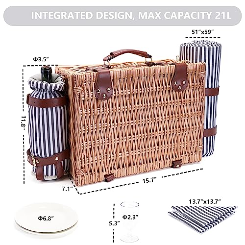 Picnic Basket with Blanket and Wine Pouch for 2 Wicker Picnic Set with Insulated Liner Cooler Bag Hamper for Camping,Wedding - Stripes