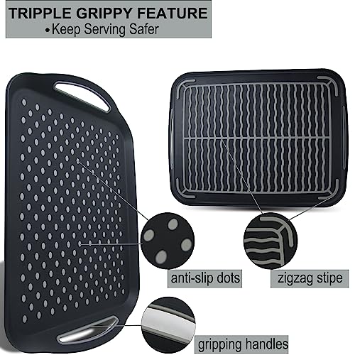 Large Nonslip Serving Tray with Handles, Silicone Grippy Dots Lap Food Trays for Eating, Dishwasher Safe Serve for Breakfast Dinner Snack Fruit Appetizers Beverage, Rectangular, Set of 2, Black