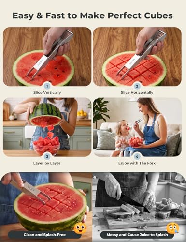 CripsTaste Watermelon Cutter with Retractable Fork, 2-in-1 Stainless Steel Fruit Cutter Watermelon Cutter Slicer Tool, Melon Slicer Cutter Tool for Home Party Camping Kitchen Gadget