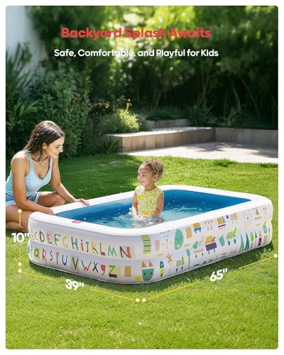 QPAU Kiddie Pool – 65" x 39" Inflatable Pool for Kids & Toddlers, Ball Pit & Baby Pool with Soft Floor, Educational Alphabet & Number, Durable Outdoor Play Toys for Backyard & Indoor Fun (Blue)