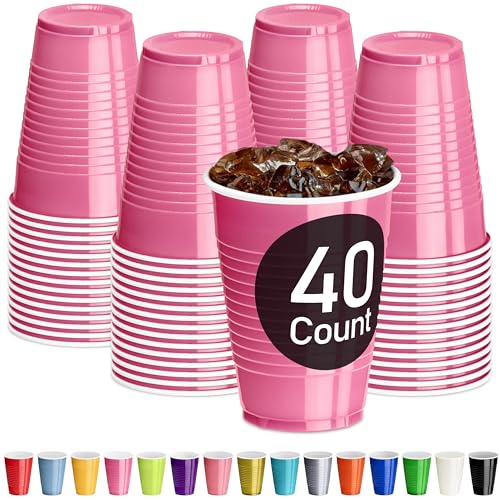 DecorRack Pink Plastic Cups, 12 oz Disposable Cups, Reusable Party Supplies (40 Count)