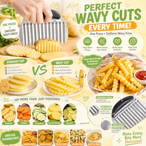 JAYVAR Large Crinkle Cutter French Fry Cutter, Large Crinkle Potato Slicer Wavy Chopper, Stainless Steel Wavy Slicer Crinkle Cutting Chopping Tools with Handle for Carrot Vegetable