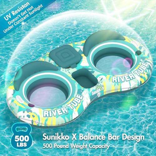 Sunikko X 5-in-1 Pool Floats Adult Heavy Duty River Tube, 2 Person Water Lounge Tanning Pool with Backrests, Built-in Cooler, Cup Holders, Deluxe Pool Toys for Summer Relaxation