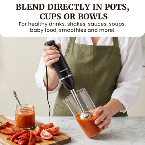 Elite Gourmet EHB1015 Immersion Hand Blender 500 Watts 2 Speed Mixing with Stainless Steel Blades, Detachable Wand Stick Mixer, Smoothies, Baby Food, Soup, Black