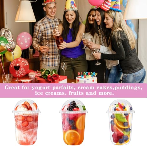 Kosotody 50 Pack 16oz Clear Plastic Parfait Cups with Dome Lids (No Hole) and Sporks Disposable Fruit Cups for Dessert,Yogurt,Pudding,Snacks,Fruits,Bakeries,Ice Cream
