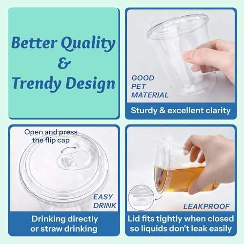 Homestockplus 100 Pack 12 oz BPA-Free Clear Plastic Cups with Sip Lids - Leak-Proof Round Bottom Disposable Iced Coffee Cups for Kids, To-Go Drinks, Smoothies, Juice & Small Portion Cold Beverages