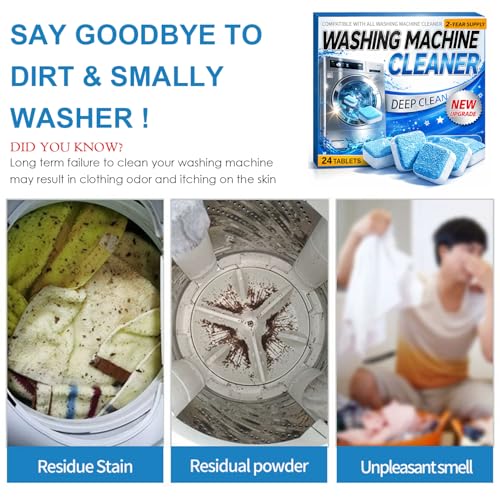 Enzyme Washing Machine Cleaner Tablets (24 Pack) – Protease Laundry Machine Cleaner Descaler for HE, Front Load & Top Load Washer, Deep Clean, Removes Odor, Fur, Residue & Buildup (2-Year Supply)
