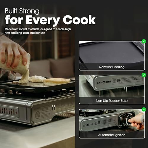 GasOne GS-1000G-KIT Butane Gas Stove with Flat Top Griddle Included – Butane Grill Tent Stove Burners for Cooking for Camping, Kitchen – Diecast Aluminum with Non Stick Coating